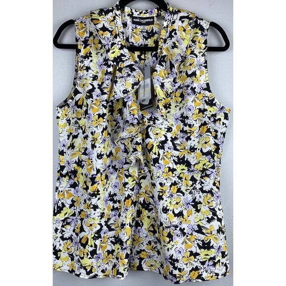 NWT Karl Lagerfeld Sz S Cvrd Btn Front V Ruffle Neck Front Sleeveless Blouse - Picture 1 of 12